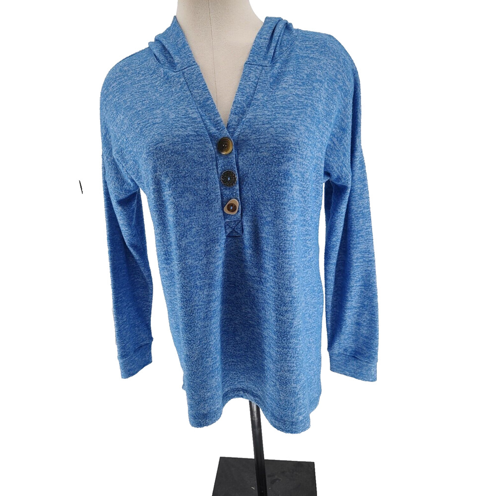 Spense Sport Woman's Hoodie Pullover Blue V Neck Top Size M Long Sleeve Stretch